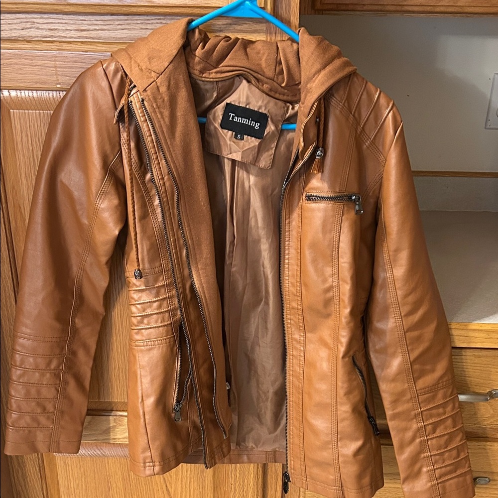 Tamsing Women's Brown Leather Jacket with Hoodie